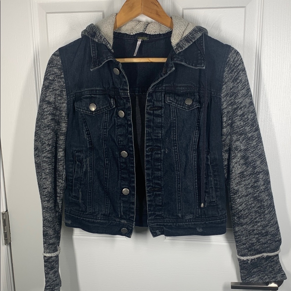 Free People distressed denim with built in hoodie sweatshirt jacket size XS